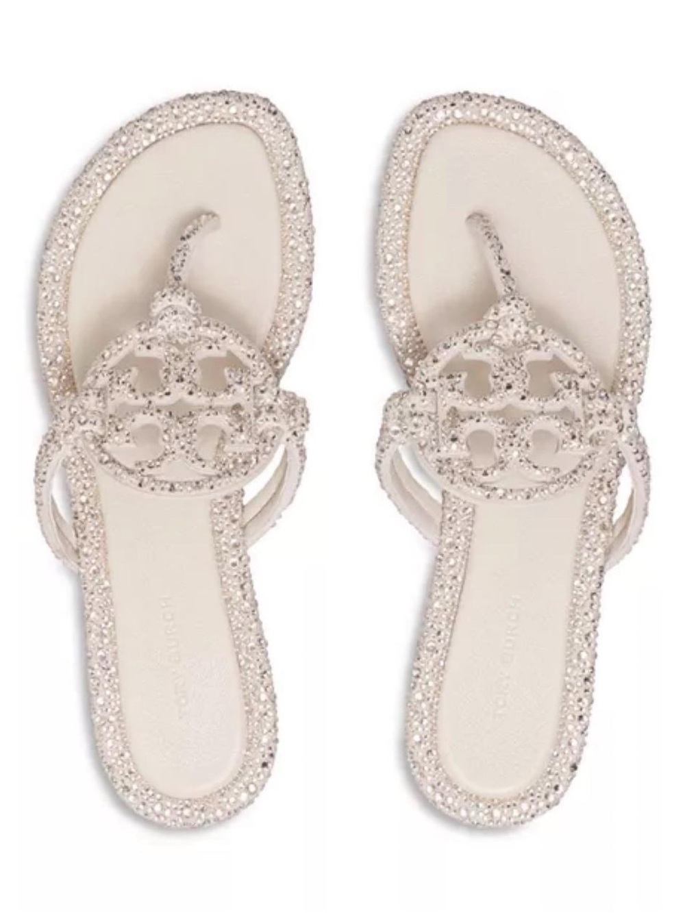 Tory Burch Ivory Crystal-Embellished Logo Thong Sandals